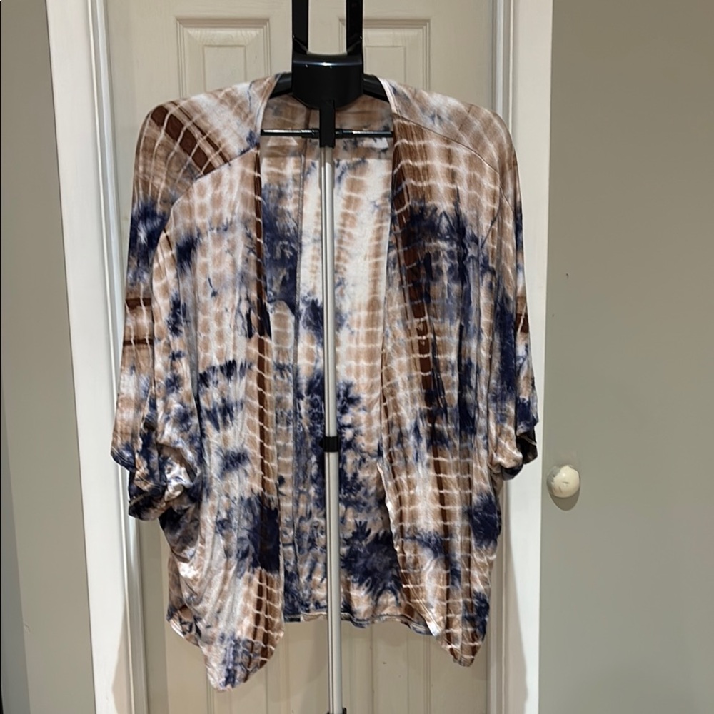 Blue and Brown Open Front Kimono with Dolman Sleeves